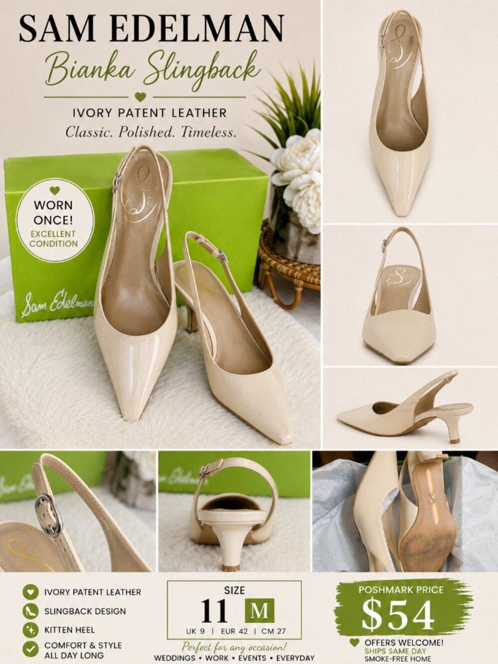 Sam Edelman Bianka Ivory Patent Slingback Heels 11M